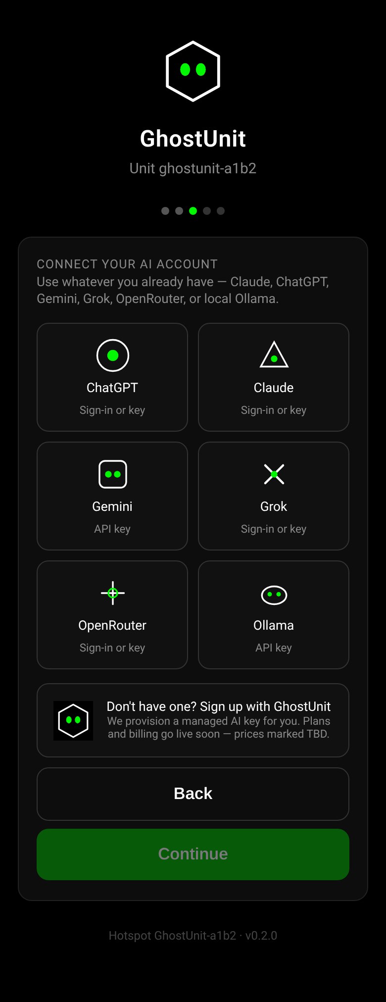GhostUnit setup wizard on a phone: connect your AI account, choose from ChatGPT, Claude, Gemini, Grok, OpenRouter or Ollama